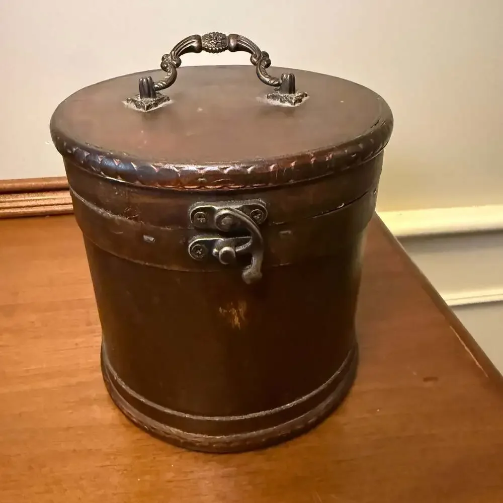 Round Wooden Storage Box with Metal Accents